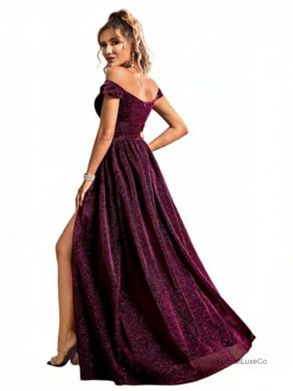 Off Shoulder Glitter Formal Evening Gown Built-in Bra High Slit Maxi Dress Prom